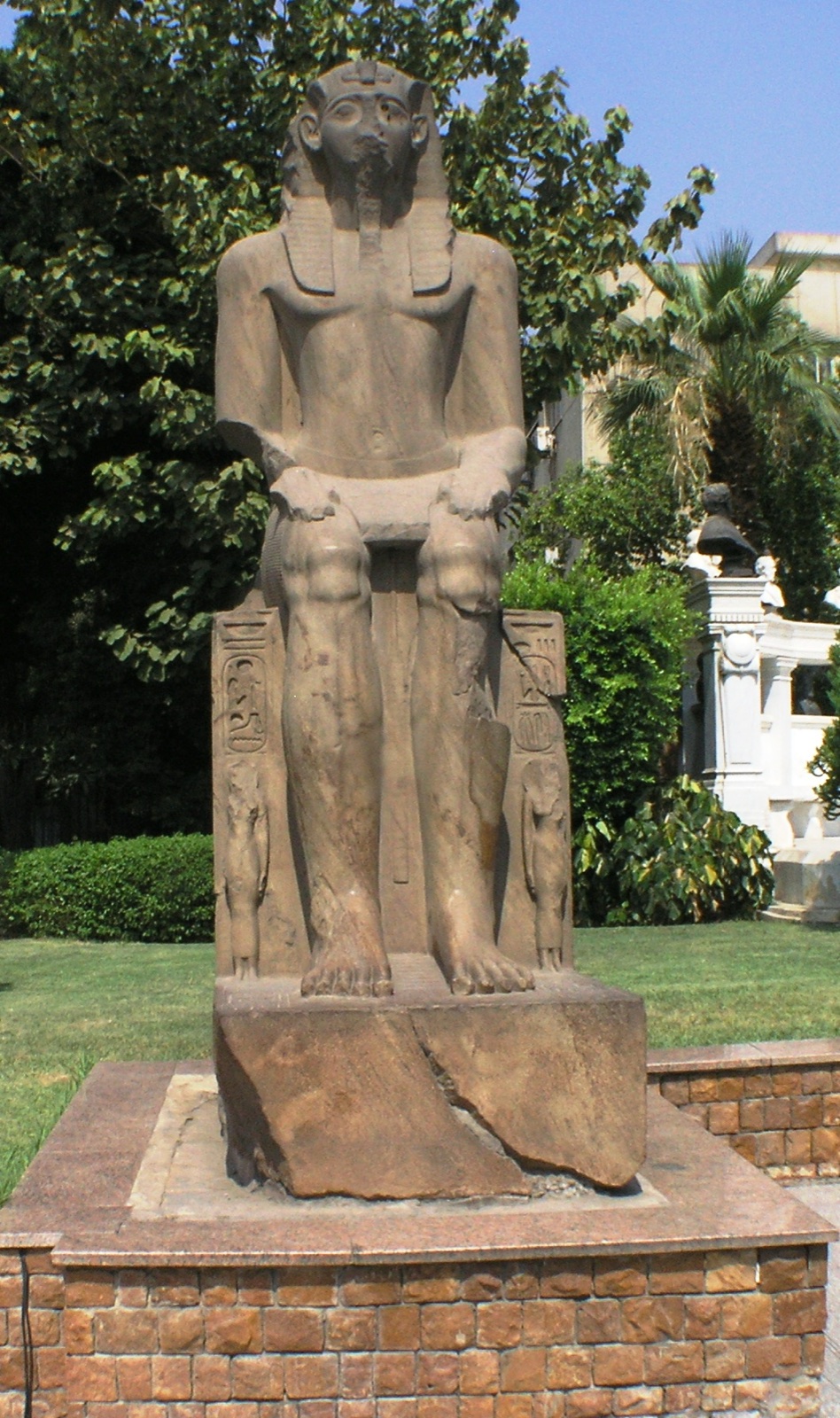 Seated stone figure displayed at the Egyptian Museum